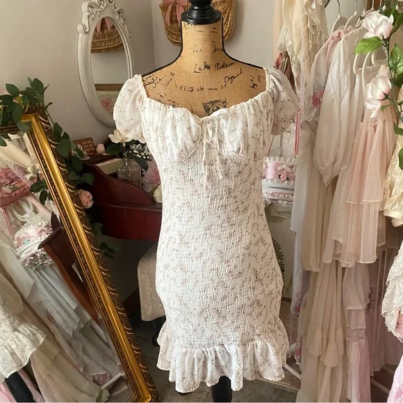 Cream Ruffled Floral Tiered Sundress with Puff Sleeves - Picture 7 of 7